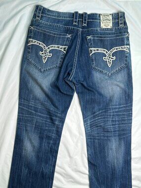 Rock Revival Men's Blue Straight Jeans 38x32 Clint Embroidered White Stitching